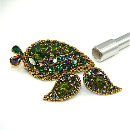 Vintage Weiss Green Brooch Earrings Set, Vitrail Green Rhinestone Leaves, Gold Plated