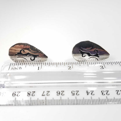 Vintage Navajo T. Billy Sterling Silver Clip Earrings, Black Enamel