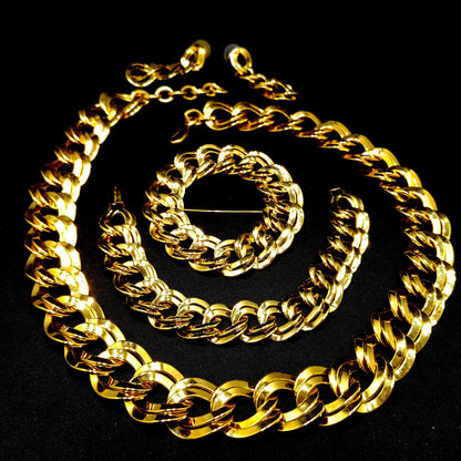 Monet Chunky Necklace Bracelet Brooch Earrings Set, Gold Plated, 1980s Vintage Jewelry