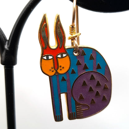 Laurel Burch "Rabbit For Ross" Earrings, Enamel Cloisonne Gold Plated, 1980s