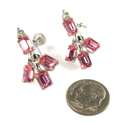 Bogoff Pink Rhinestone Screw Back Earrings, Rhodium Plated, 1950s Vintage Jewelry