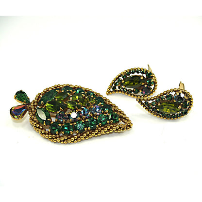 Vintage Weiss Green Brooch Earrings Set, Vitrail Green Rhinestone Leaves, Gold Plated
