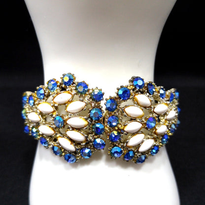 Vintage Blue Aurora Borealis Rhinestone Milk Glass Clamper Bracelet 1960s