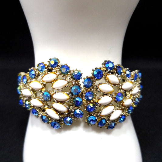 Vintage Blue Aurora Borealis Rhinestone Milk Glass Clamper Bracelet 1960s
