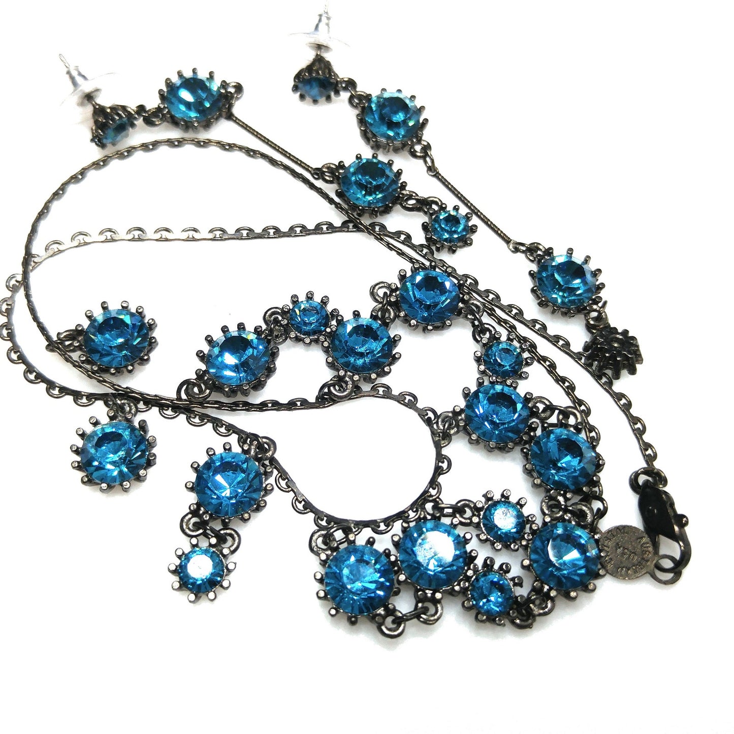 Austrian Crystal Turquoise Necklace Earrings Set, Long Post Earrings, Vintage Jewelry