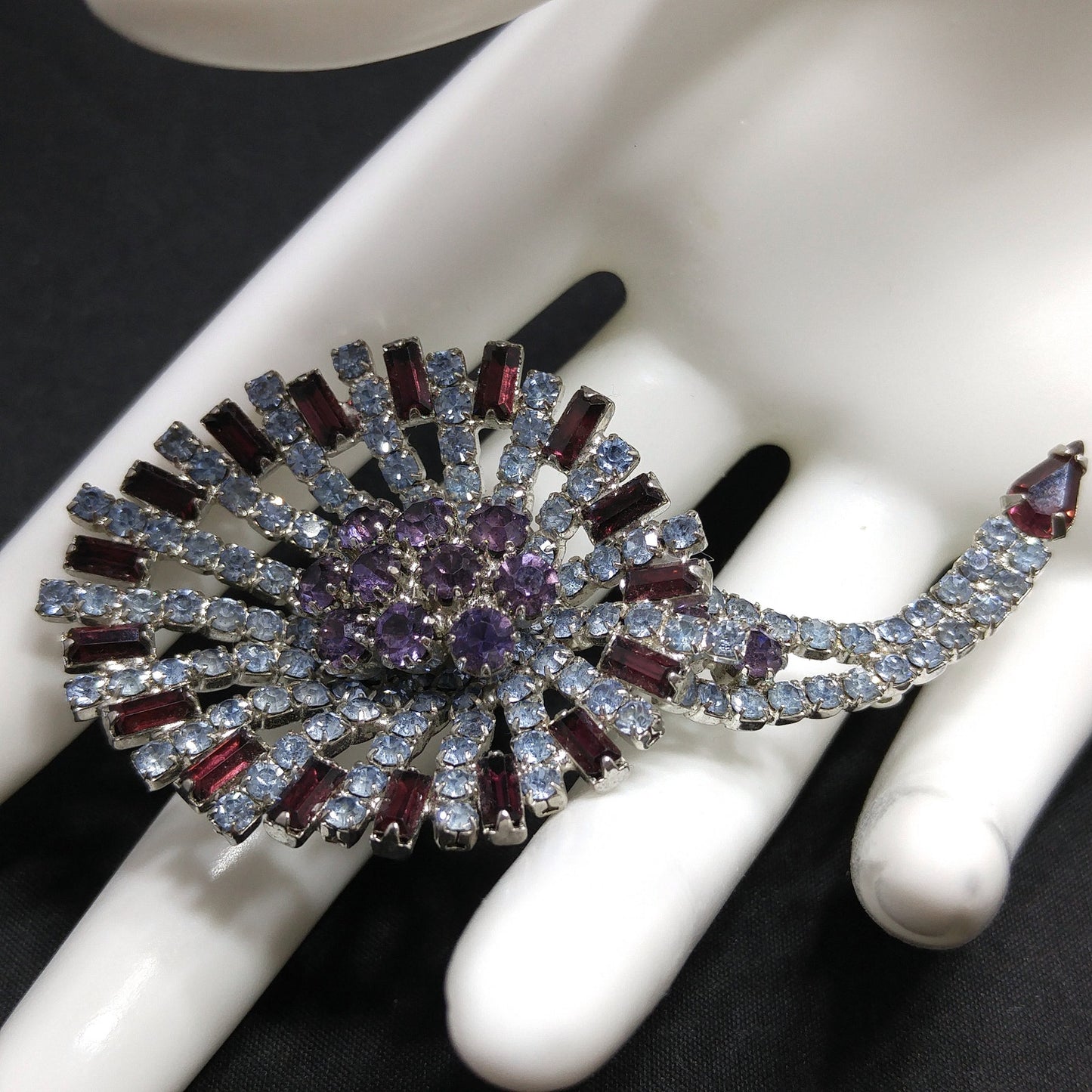 Hobe Purple Light Blue Rhinestone Lily Floral Brooch, Rhodium Plated, 1960s Vintage Jewelry