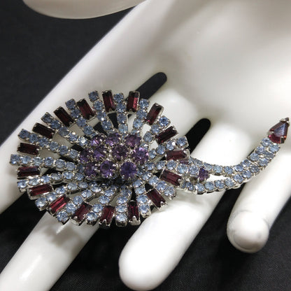 Hobe Purple Light Blue Rhinestone Lily Floral Brooch, Rhodium Plated, 1960s Vintage Jewelry