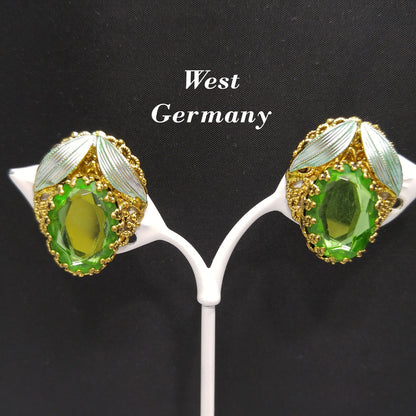 West Germany Green Clip Earrings, Filigree Green Enamel, Faux Pearls, 1950s Vintage Jewelry