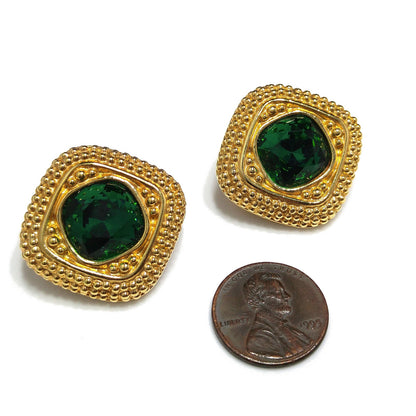 Swarovski Swan Logo Earrings, Emerald Green Crystal, Gold Plated Clip On, 1980s Vintage Jewelry