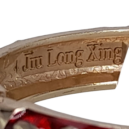 Vintage Jiu Long Xing Cloisonné Bangle Bracelet – Red Enamel Floral Hinged Bracelet – Gold Tone Signed Jewelry 6.25"
