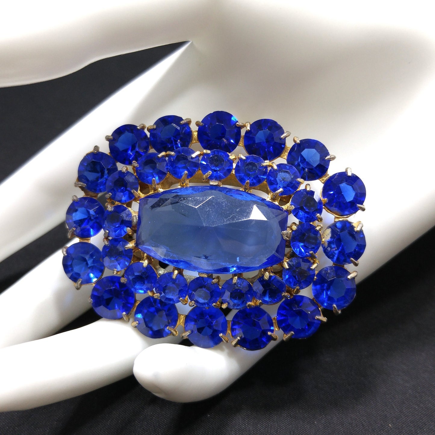 Cobalt Blue Glass Rhinestone Brooch, Large Center Blue Stone, 1940s Vintage Jewelry