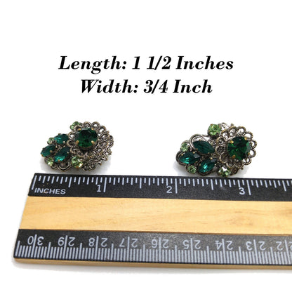 Western Germany Green Filigree Clip Earrings, Light Dark Green Rhinestones, 1950s Vintage Jewelry