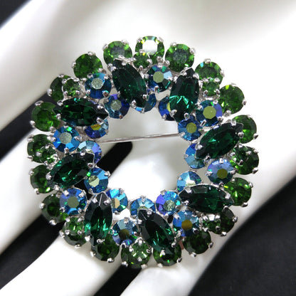 Sherman 1960s Emerald & Peacock Green Rhinestone Wreath Brooch | Aurora Borealis | Rhodium Plated Vintage Jewelry