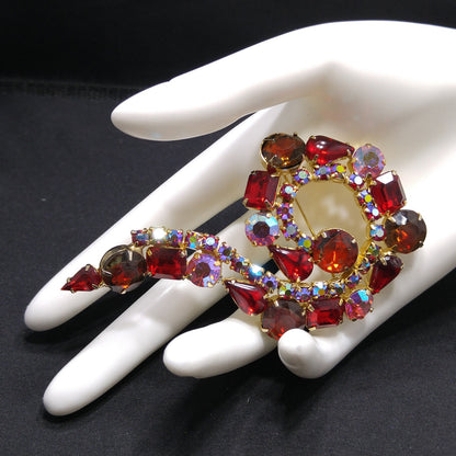 Red Aurora Borealis Rhinestone Question Mark Brooch, Gold Plated, 1960s Vintage Jewelry