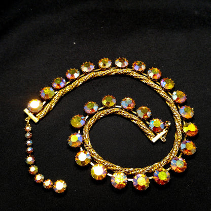 Hattie Carnegie Gold Rhinestone Necklace, Rope Chain Aurora Borealis, 1960s Vintage Jewelry