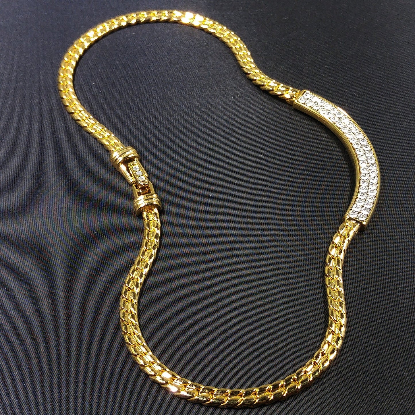 Vintage Swarovski Clear Rhinestone Gold Chain Necklace 1980s Swan Logo Signed