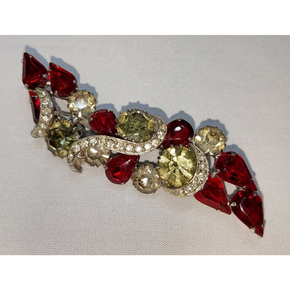 Vintage Red Rhinestone Brooch, Rhodium Plated, Ribbon Design, 1960s Vintage Jewelry