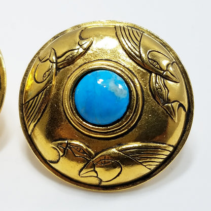 Laurel Burch Turquoise & Gold Bird Earrings, Gemstone, Gold Plated, 1980s
