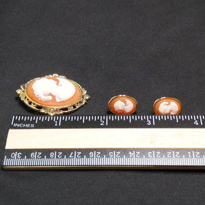 Whiting & Davis Cameo Brooch Post Earrings Set, Lucite Jewelry, 1970s Vintage