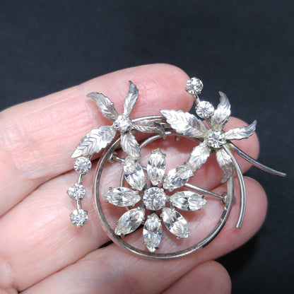 Krementz Silver Tone Clear Rhinestone Brooch, Rhodium Plated, Screw Back Earrings, 1940s