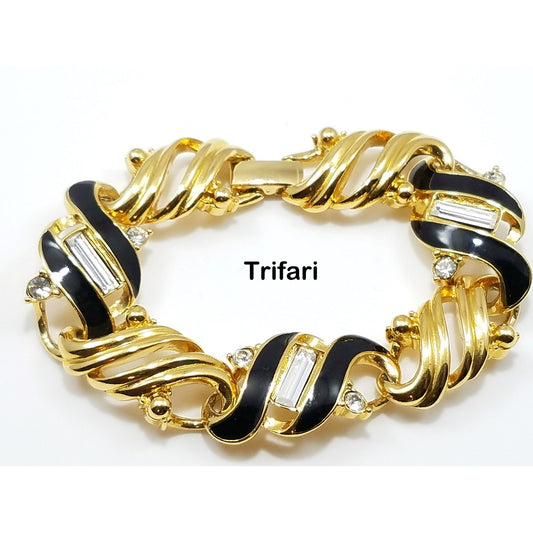 Vintage Crown Trifari Gold Plated Black Enamel Bracelet, Clear Rhinestones, 1960