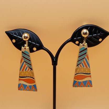 Laurel Burch "Java" Geometric Clip Earrings, Gold Plated Cloisonne Enamel, 1980s Vintage Jewelry