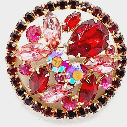 WEISS Red & Pink Rhinestone Round Vintage Brooch – Gold Plated 1960s