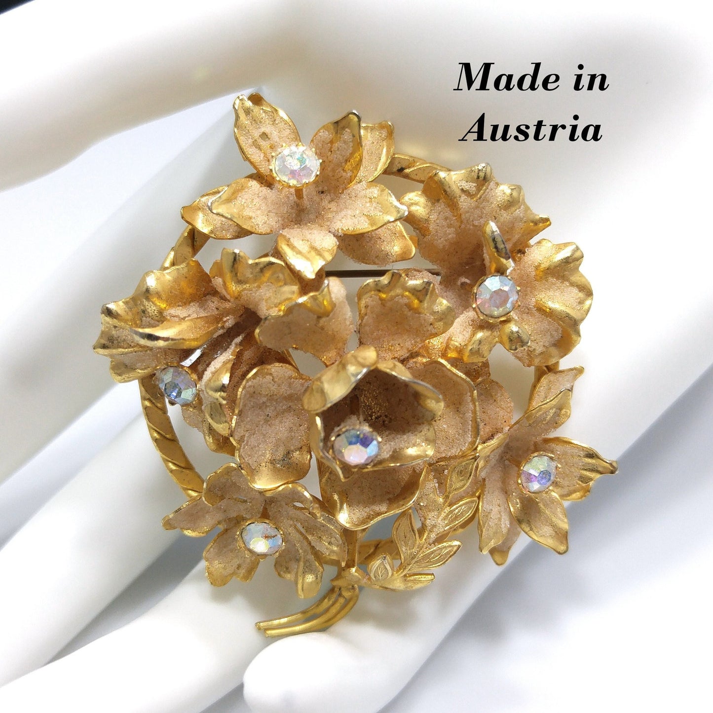 Austria Floral Brooch, Aurora Borealis Rhinestones, Gold Plated Flowers, 1960s Vintage Jewelry