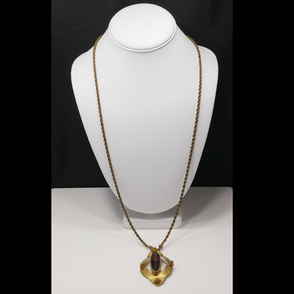 Antique 1900s Purple Glass Pendant Necklace Brass Open Back Art Nouveau Style