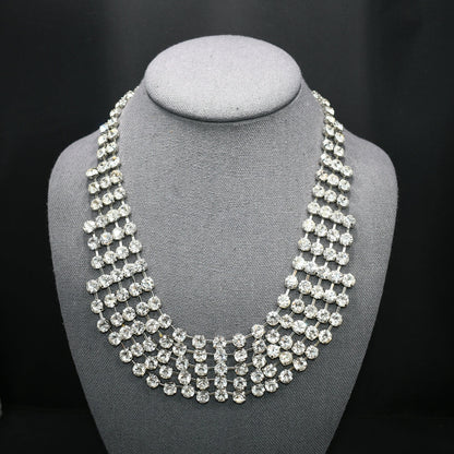 Vintage Clear Rhinestone Frontal Necklace, Rhodium Plating, 18 1/2 Inches, 1980s Vintage Jewelry
