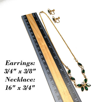 Van Dell Green Clear Rhinestone Necklace Earrings Set, 12K Gold Filled, 1940s Vintage Jewelry