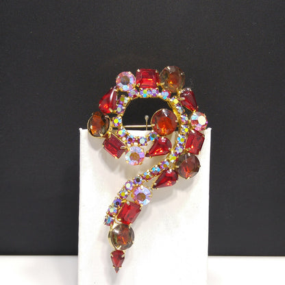 Red Aurora Borealis Rhinestone Question Mark Brooch, Gold Plated, 1960s Vintage Jewelry