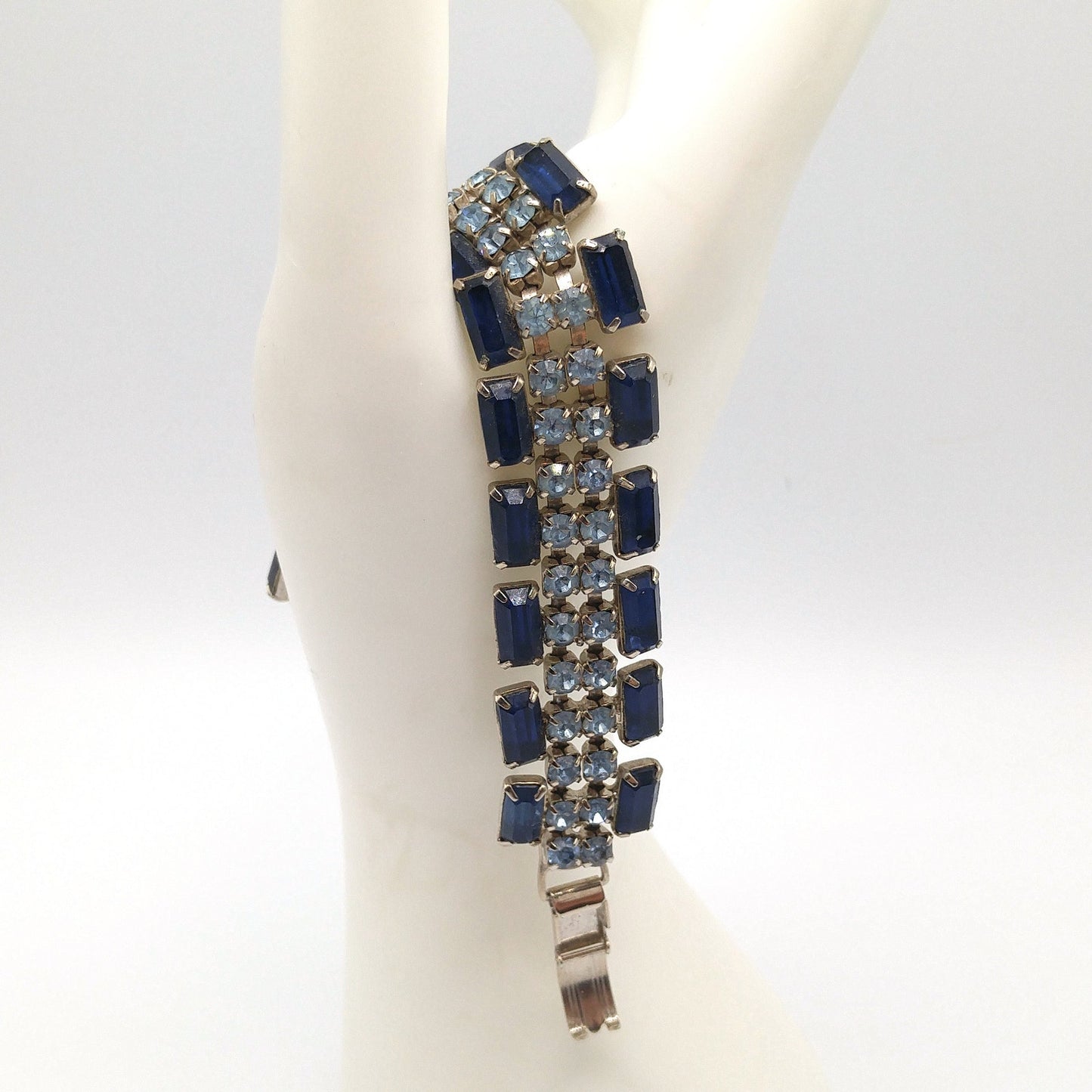 Blue Rhinestone Wide Bracelet, Darker Lighter Blue, Mid-Century, 1950s Vintage Jewelry