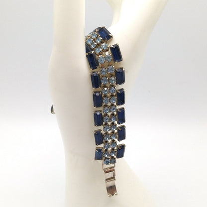 Blue Rhinestone Wide Bracelet, Darker Lighter Blue, Mid-Century, 1950s Vintage Jewelry