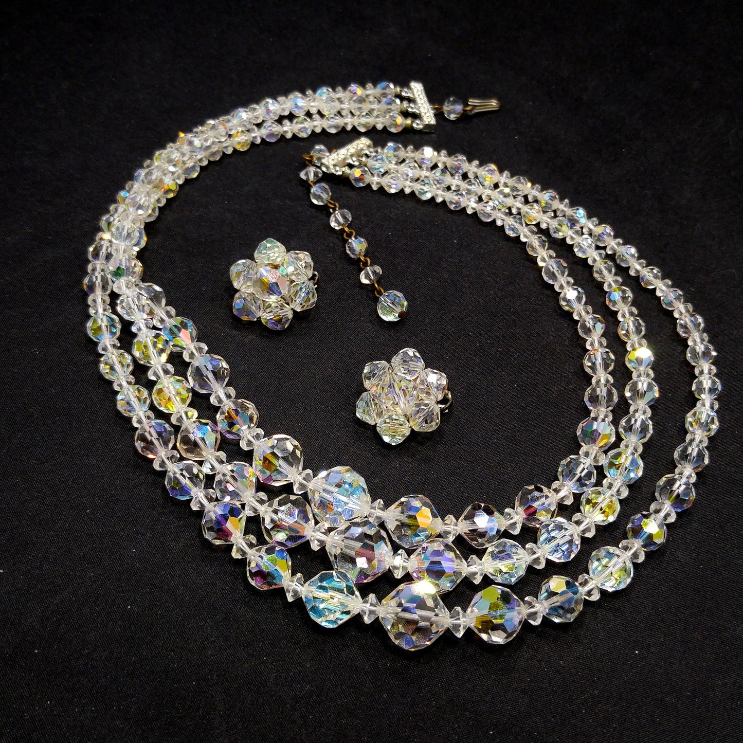 AB Crystal Beaded Necklace Earrings Set, Clear Aurora Borealis Beads, 1950s Vintage Jewelry