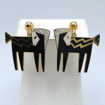 Laurel Burch "Temple Horse" Clip Earrings, Black White Enamel, Gold Plated, 1980s Vintage Jewelry