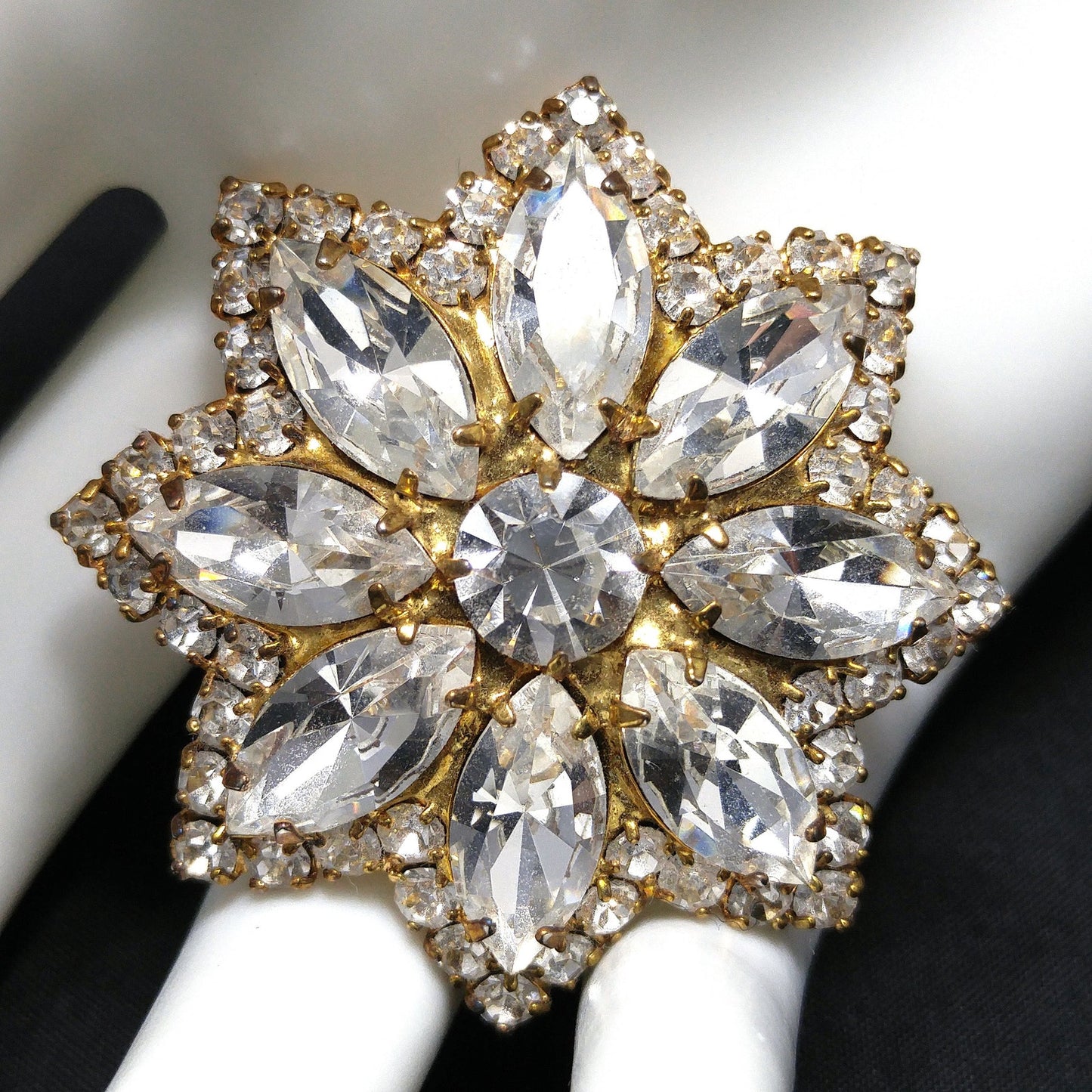 Eisenberg Ice Clear Rhinestone Flower Brooch, Gold Plated, 1960s Vintage Jewelry