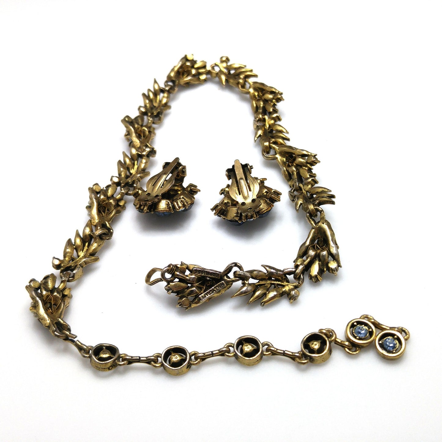 Vintage Hollycraft 1956 Blue Rhinestone Pearl Necklace Earrings Set Gold Tone
