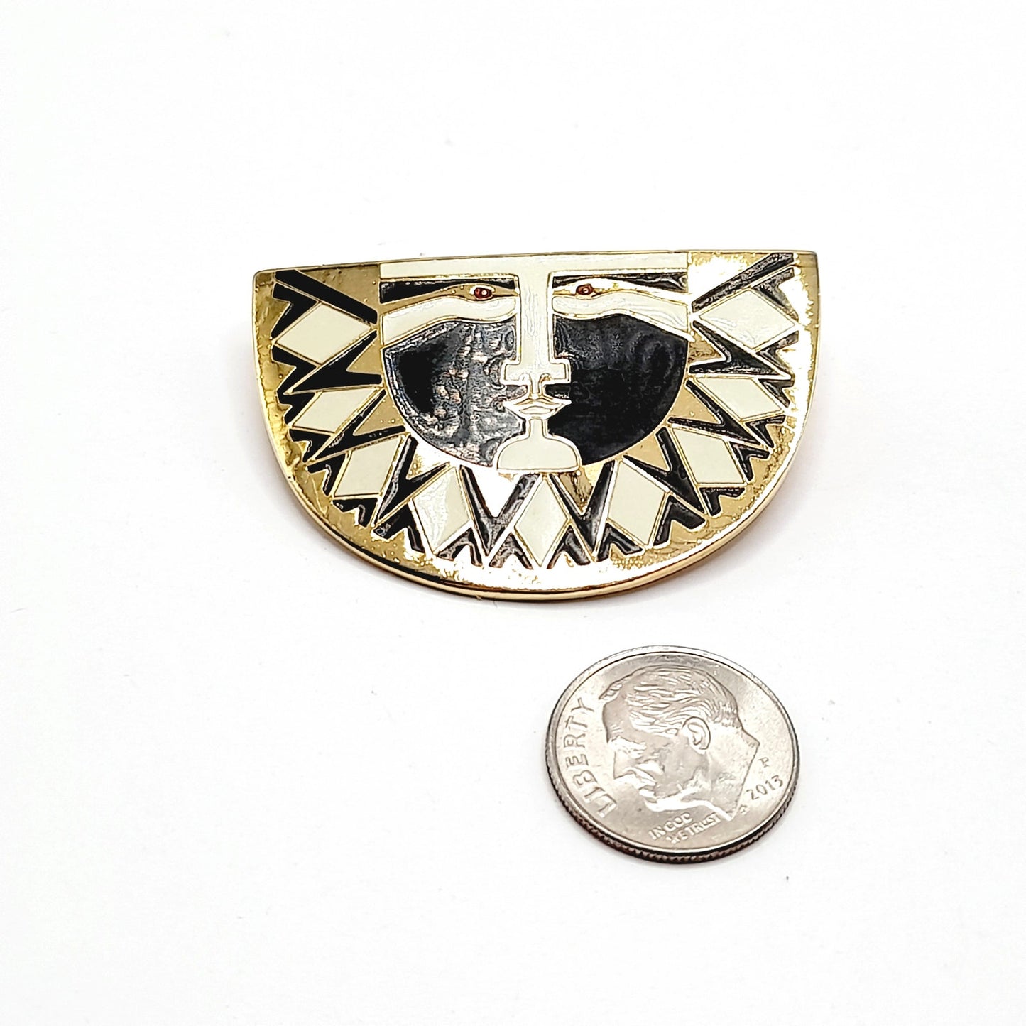 Vintage Laurel Burch Sunface Brooch, Black White Enamel Gold Plated Pin, 1980s Cloisonné Jewelry, Artistic Statement Accessory 1 3/4 Inch