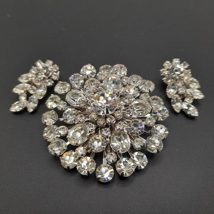 Clear Rhinestone Round Brooch Clip Earrings Set, Wedding Holiday Jewelry, 1950s Vintage Jewelry