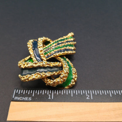 Vintage CINER Brutalist Green Enamel Brooch, Two Tone Green Enamel, Gold Plated