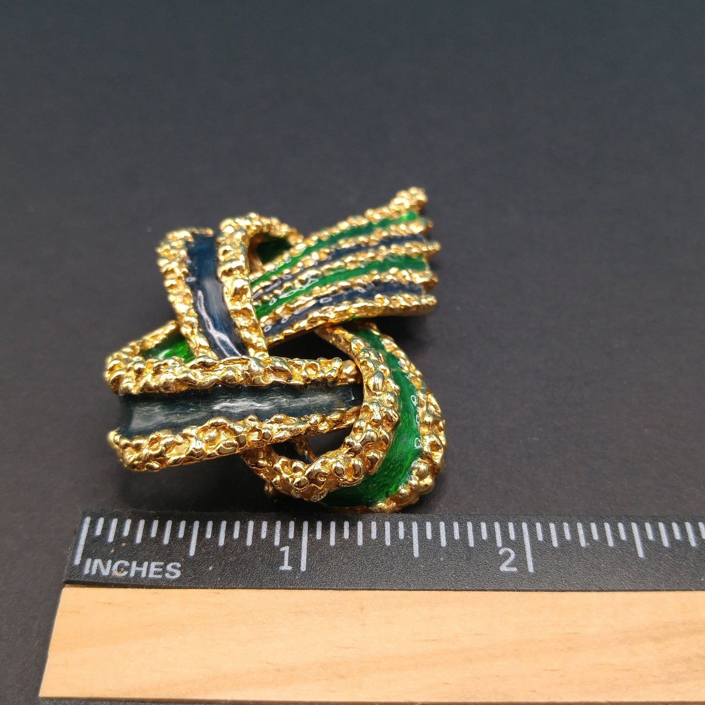 Vintage Ciner Blue Green Enamel Ribbon Brooch Textured Gold Signed 1960s