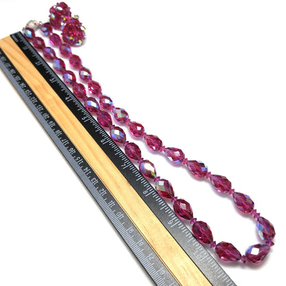 Vendome Hot Pink Crystal Necklace & Clip Earrings Set 1960s AB Teardrop Beads