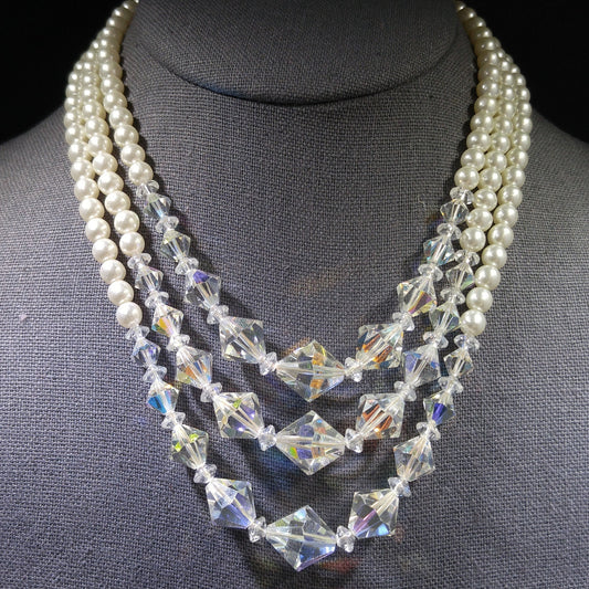 Faux Pearl AB Crystal Beaded Necklace, 3 Strands, 1950s Vintage Jewelry