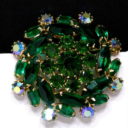 Vintage Weiss Emerald Green Brooch & Earrings, Aurora Borealis, Gold Plated
