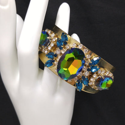 Brass Cuff Bracelet, Watermelon Crystal Rhinestones, Golden Brass, Clear & Sapphire Blue Rhinestones, Vintage Jewelry
