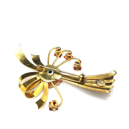 Gold Filled Bow Flower Brooch, Red Rhinestones, 1940s Vintage Jewelry