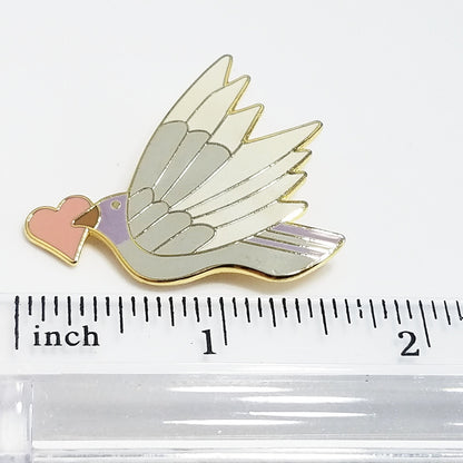 Vintage Laurel Burch "Celeste With Heart" Pendant Brooch, Grey White Enamel Bird