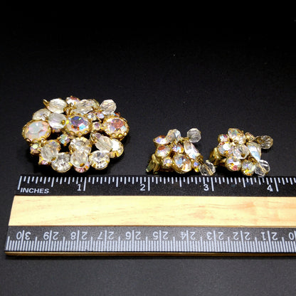 Kramer AB Rhinestone Brooch & Earrings, Dangling Crystal Beads, Gold Plated, 1960s Vintage Jewelry