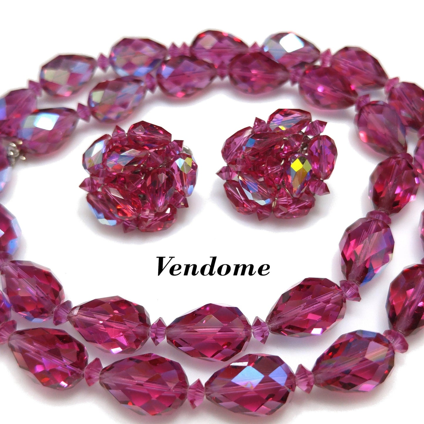 Vendome Hot Pink Crystal Necklace & Clip Earrings Set 1960s AB Teardrop Beads